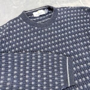Bill‎ Blass Menswear Navy Blue Textured Geometric Knit Crewneck Sweater Mens XL